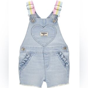 Denim Overalls with Heart Patch And Rainbow Pastel Striped Adjustable Straps